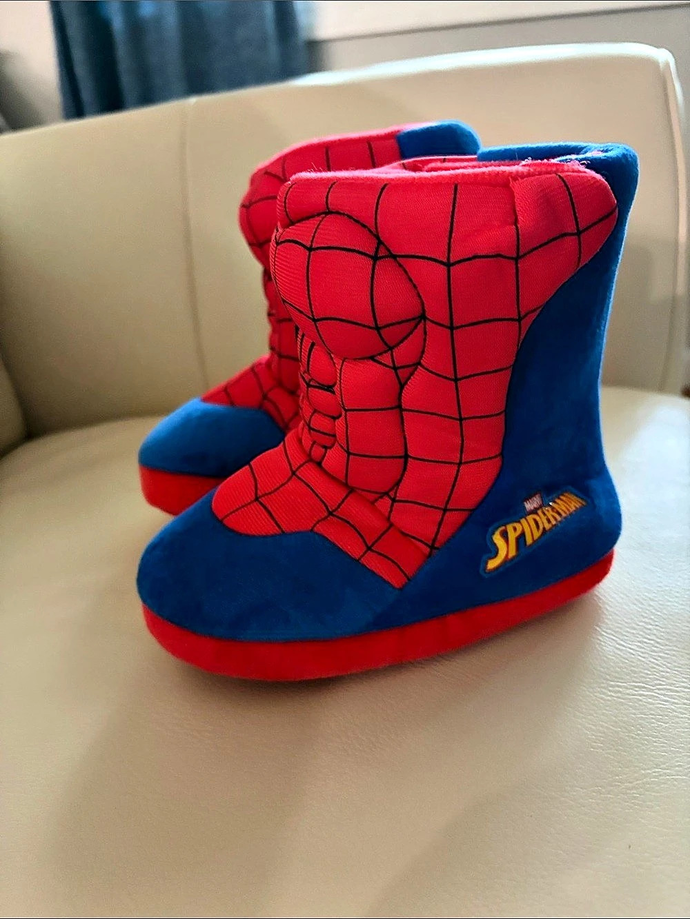 Marvel Spider-Man Kids Plush Slipper Boots Red & Blue Boys Small (7/8)